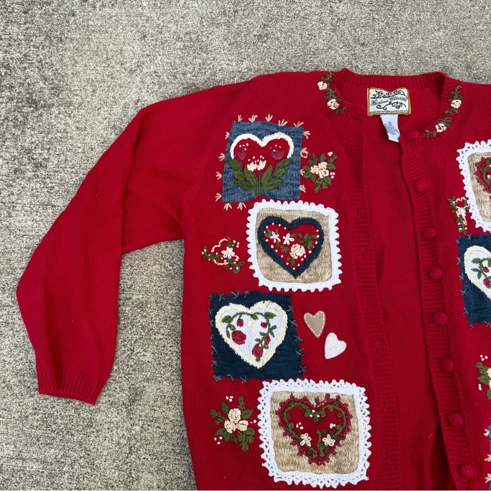 Vintage Heirloom Collectables Sweater Cardigan Red Valentine Hearts XL - Picture 3 of 5